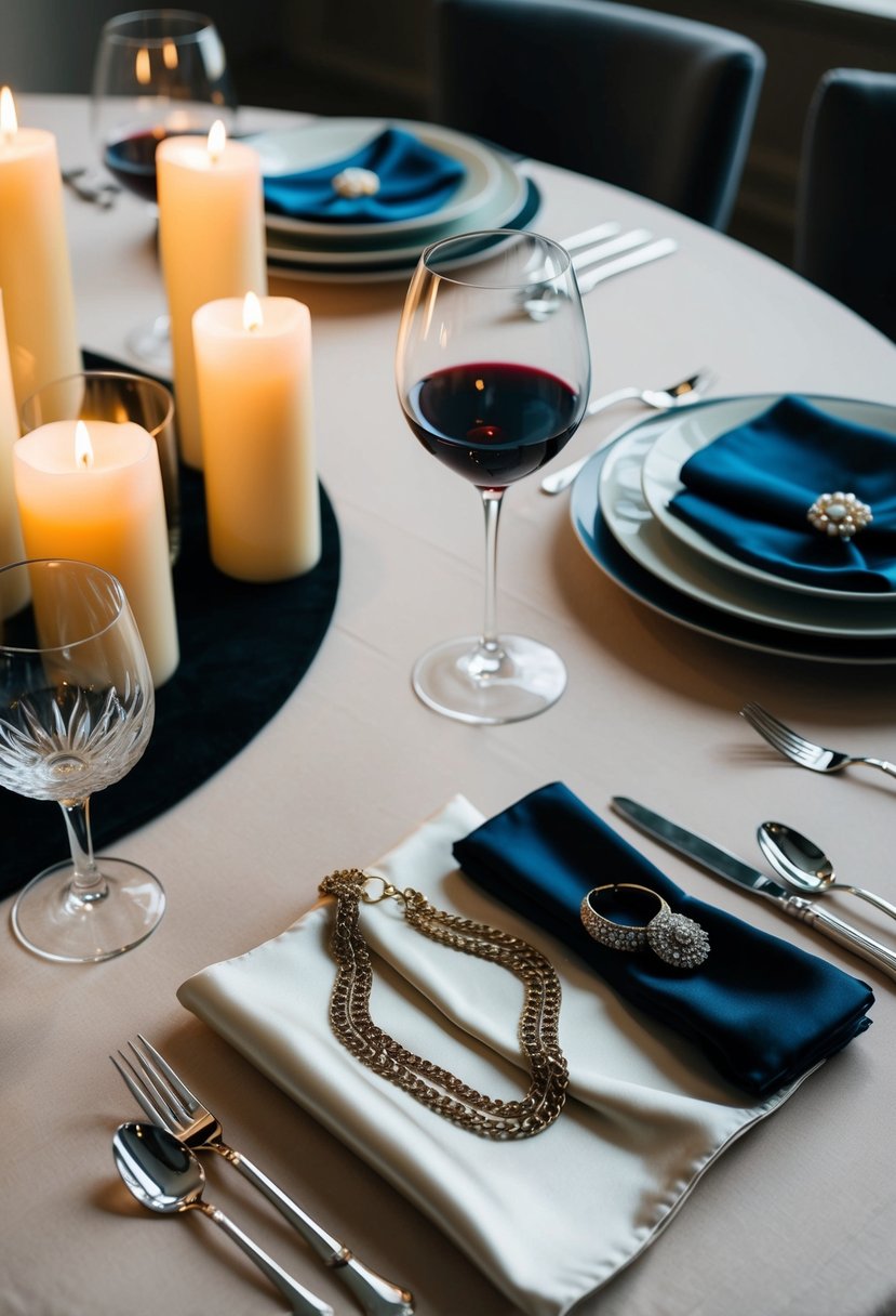 A table set with candles, wine glasses, and elegant dinnerware. A silk scarf and statement jewelry laid out next to a sleek clutch