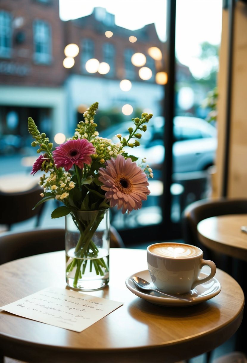 A cozy coffee shop with a table set for two, featuring a vase of fresh flowers and a handwritten note