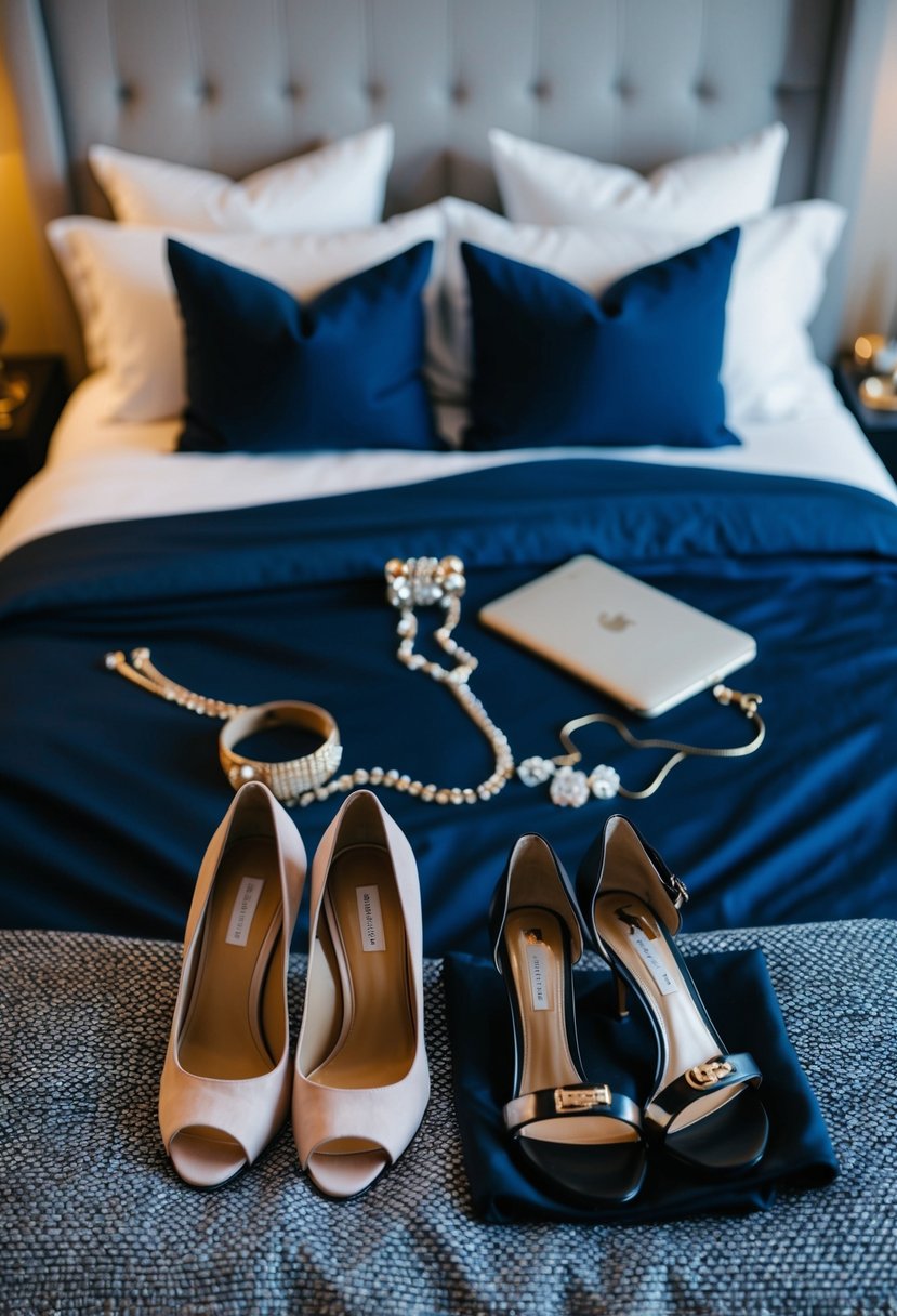 A neatly arranged outfit with a dress, heels, and accessories laid out on a bed, ready for a date night