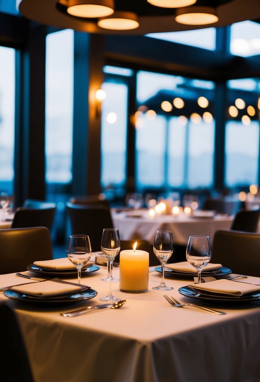 A dimly lit restaurant with a romantic ambiance. A table set with elegant dinnerware and a candle flickering in the center