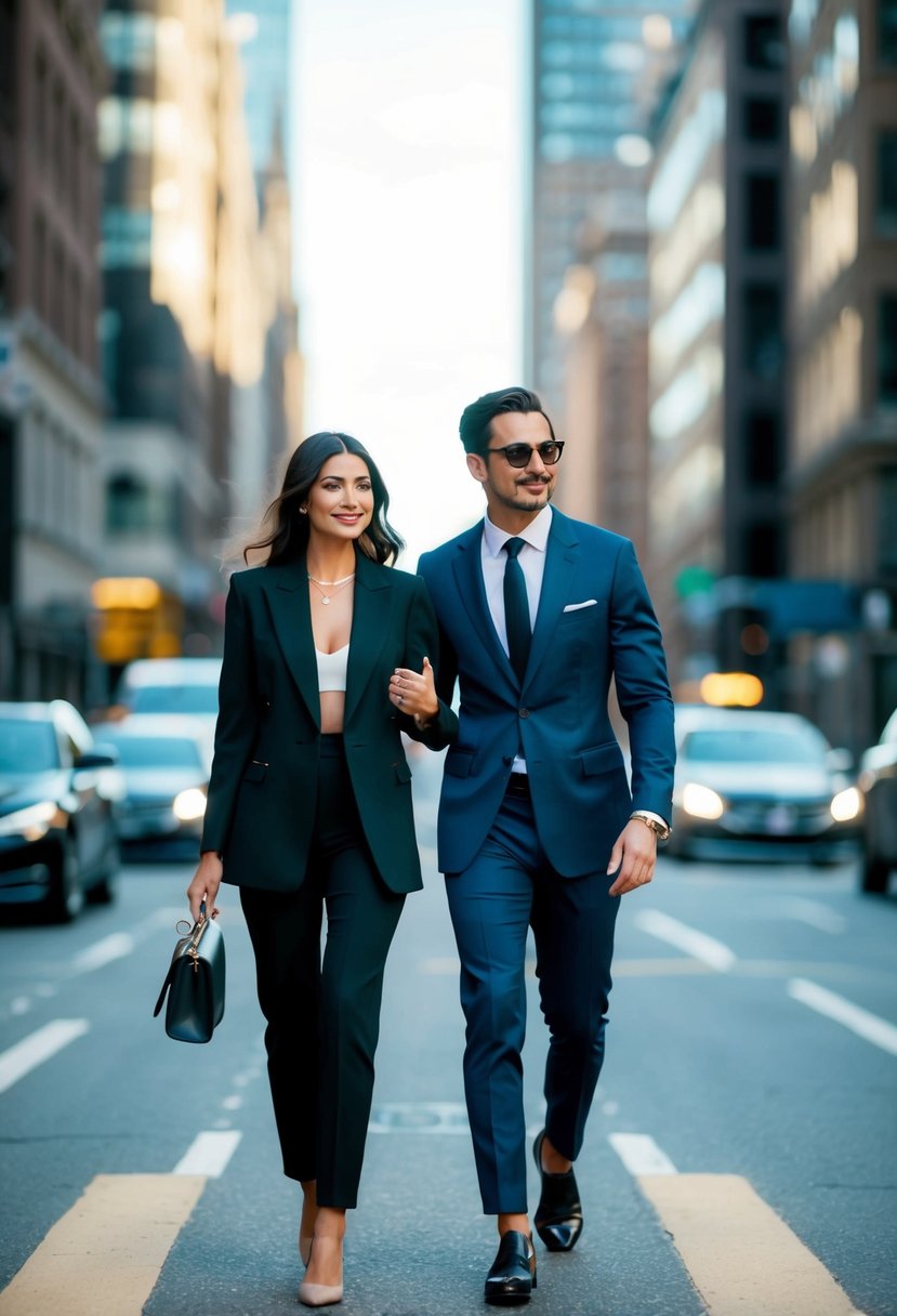 A couple walking on a city street, the woman wearing a stylish outfit and the man in a sharp suit, both exuding confidence and sophistication