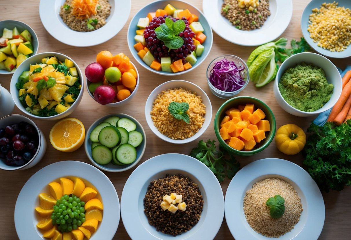 A table set with an array of colorful, gluten-free dishes, including fresh fruits, vegetables, and various grain-based dishes