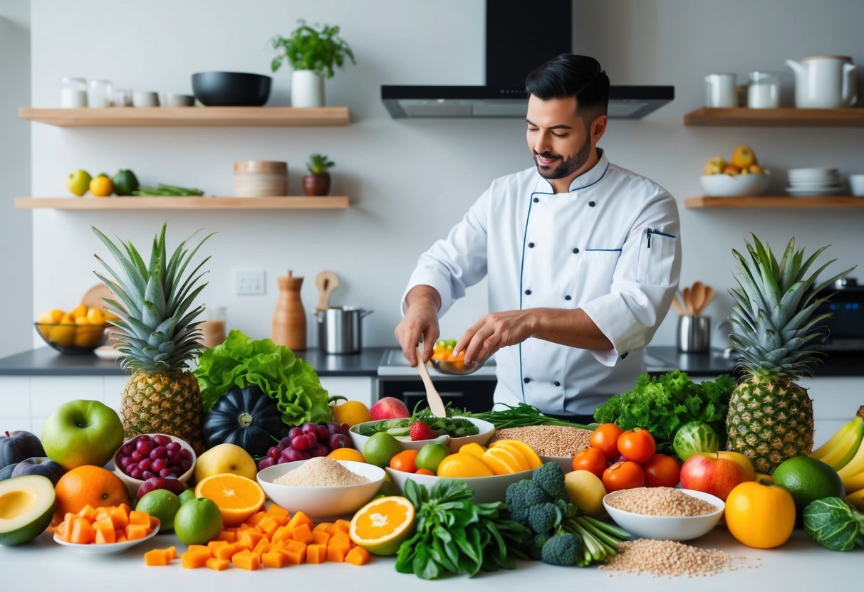 A colorful array of fresh fruits, vegetables, and whole grains arranged on a table, with a chef preparing gluten-free dishes in a modern kitchen