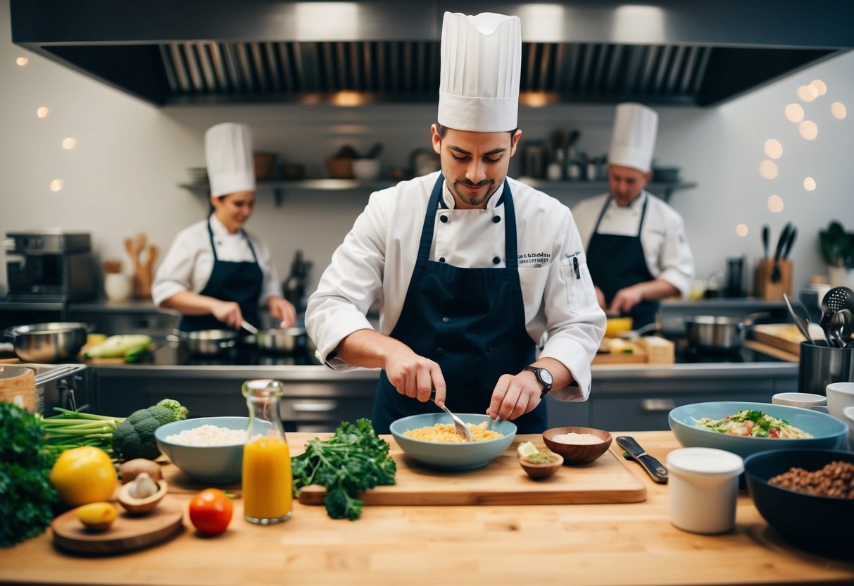 A chef preparing a variety of gluten-free dishes in a bustling kitchen, surrounded by ingredients and cooking utensils