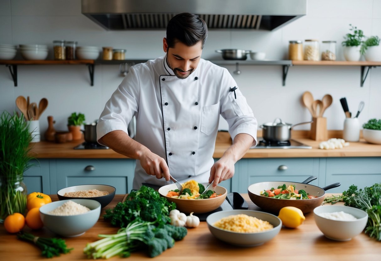 A chef preparing a variety of gluten-free dishes in a professional kitchen, surrounded by fresh ingredients and cooking utensils