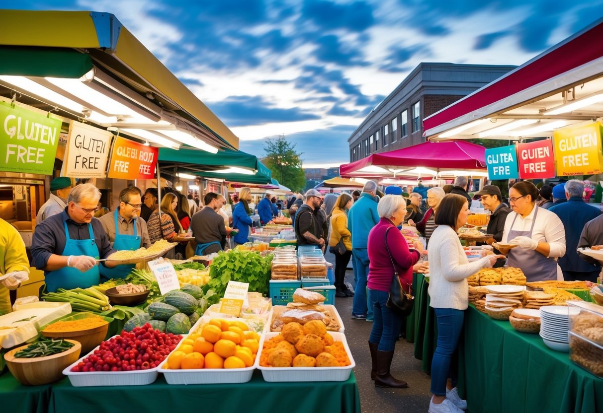 A bustling outdoor market with colorful stalls offering a variety of gluten-free foods, from fresh produce to baked goods and prepared meals. Customers of all ages are seen enjoying the options and engaging with vendors