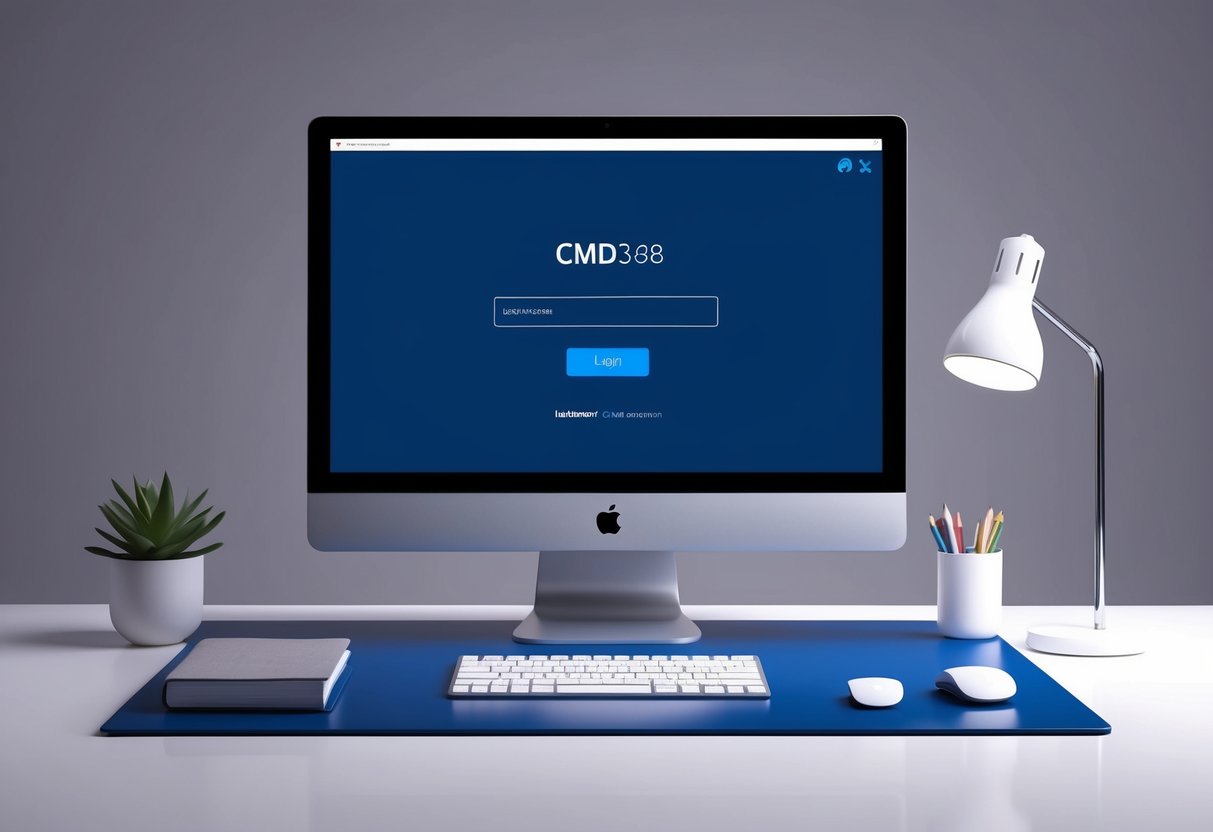 Sebuah layar komputer dengan halaman login CMD368 ditampilkan, dikelilingi oleh pengaturan meja yang ramping dan modern