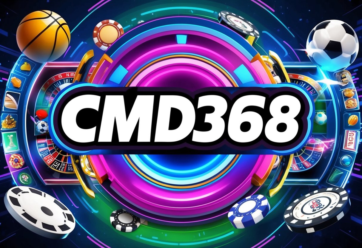 Antarmuka digital yang berwarna-warni dan dinamis dengan logo CMD368 yang ditampilkan secara mencolok, dikelilingi oleh berbagai gambar olahraga dan kasino, membangkitkan semangat dan aksesibilitas.