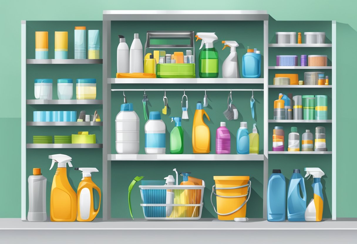 A well-stocked cleaning supply closet with various products and equipment neatly organized on shelves and hooks