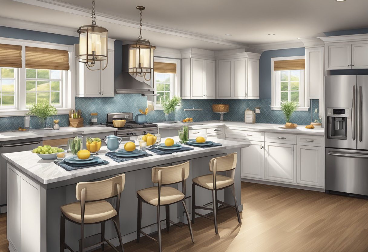 A sparkling kitchen and dining area with gleaming countertops, spotless appliances, and pristine table settings