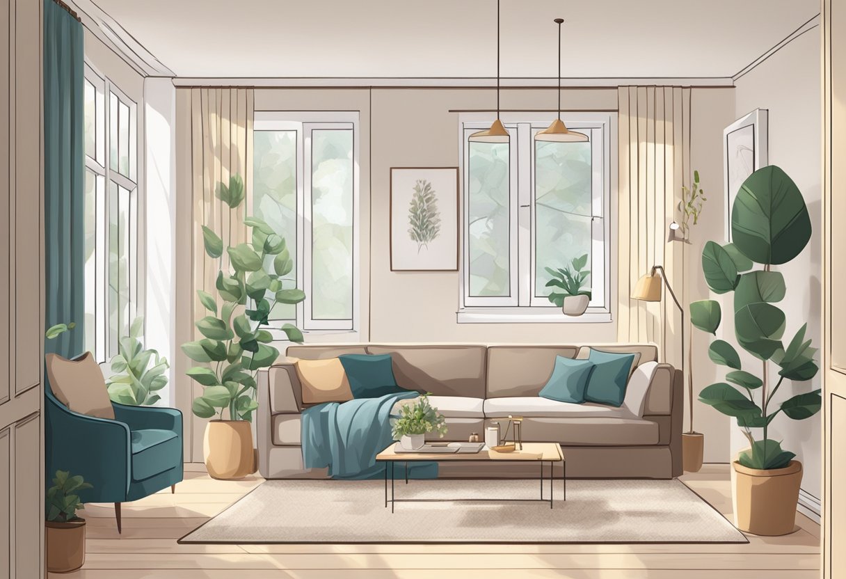 A cozy living room with stylish furniture, fresh flowers, and neatly arranged decor. The space is spotless, with clean floors and dust-free surfaces