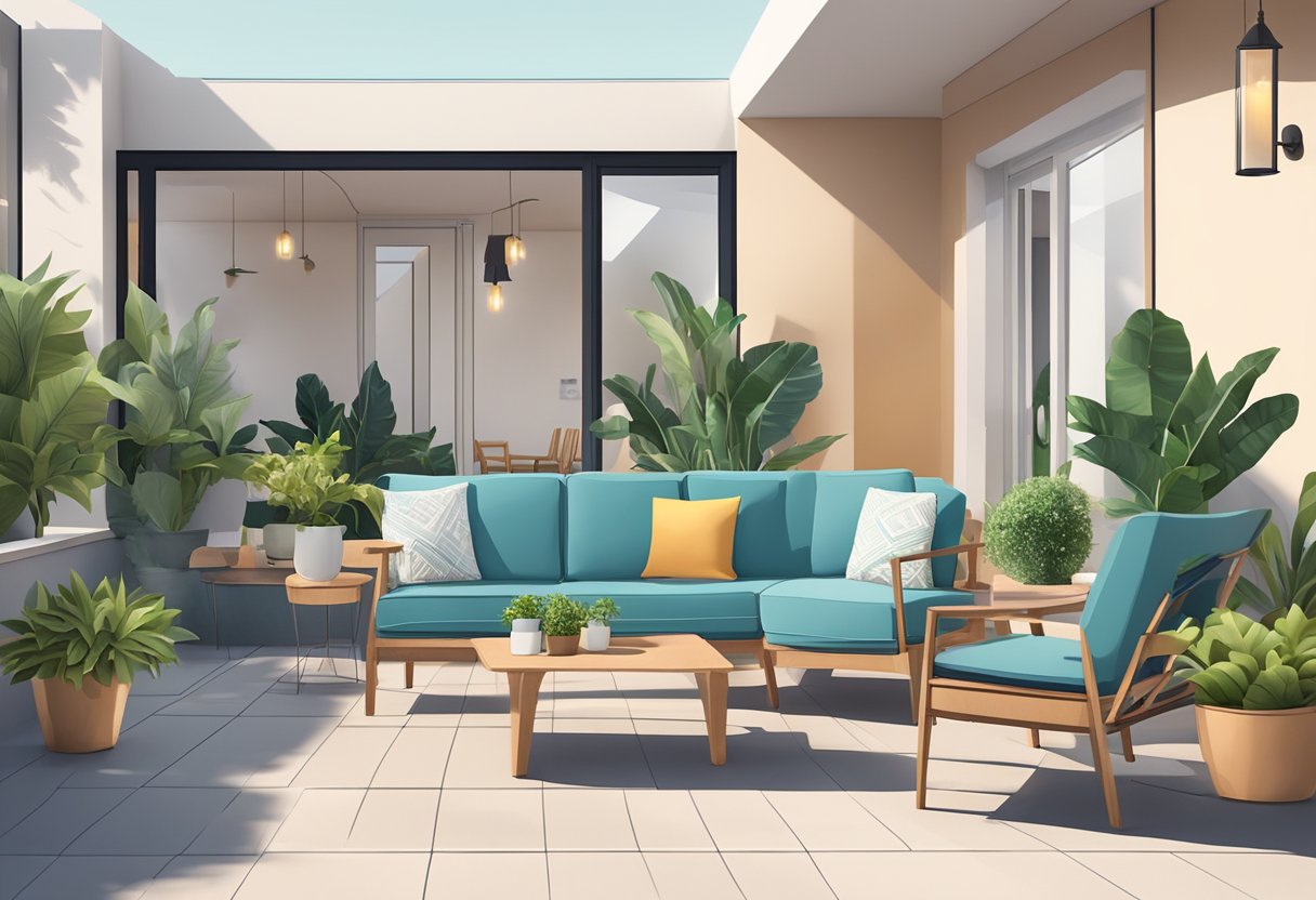 A pristine outdoor patio with neatly arranged furniture, potted plants, and a sparkling clean entrance, showcasing the importance of maintaining cleanliness in short-term rental properties