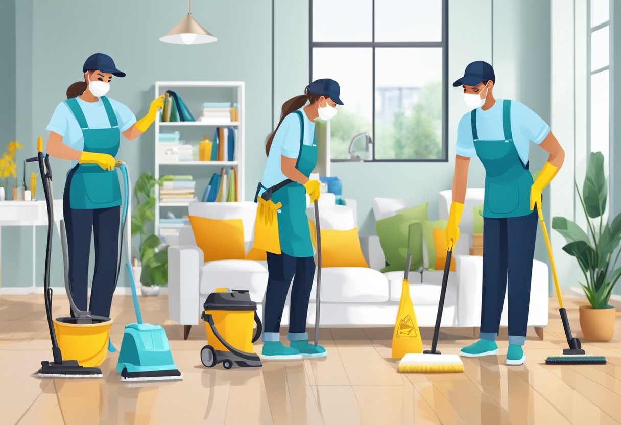 A professional cleaning service team working together to clean and organize a modern short-term rental space, using various cleaning tools and products