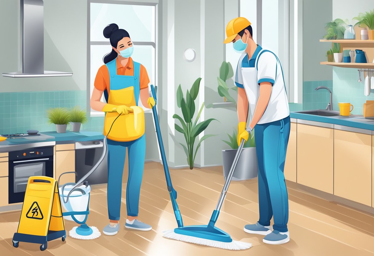 A cleaning expert efficiently tidying and organizing a short-term rental, ensuring spotless cleanliness and guest readiness