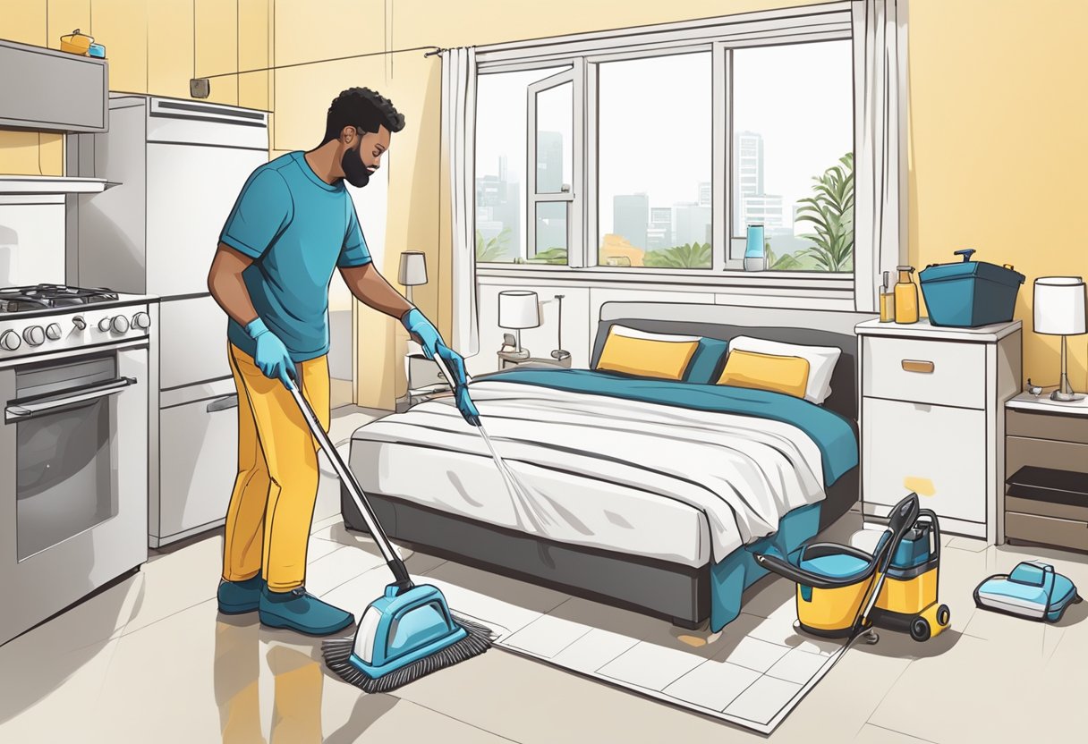 A cleaning expert meticulously tidying a short-term rental, using various cleaning tools and products to ensure every surface is spotless