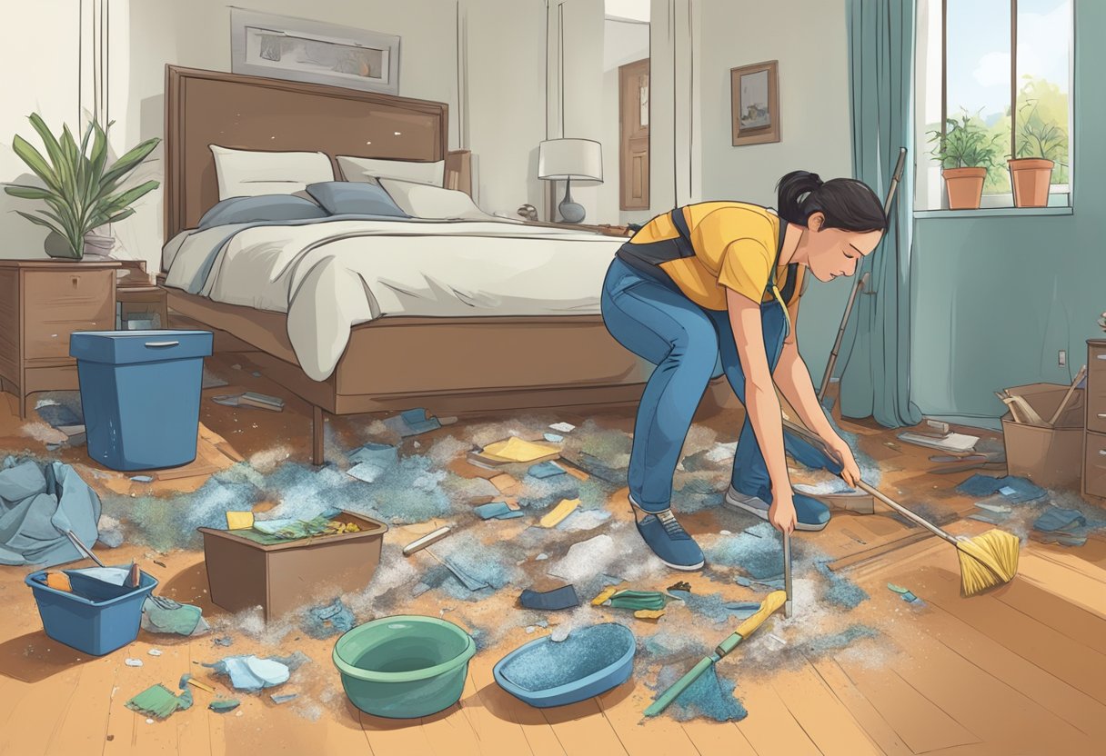 A cluttered room split in half, one side sparkling clean, the other dusty and disorganized. A person mopping and scrubbing on one side, while the other side remains untouched