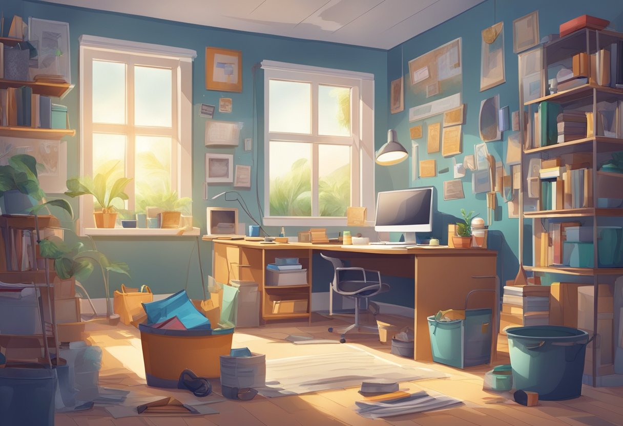 A cluttered room with dust and dirt in corners, contrasted with a sparkling clean, organized space