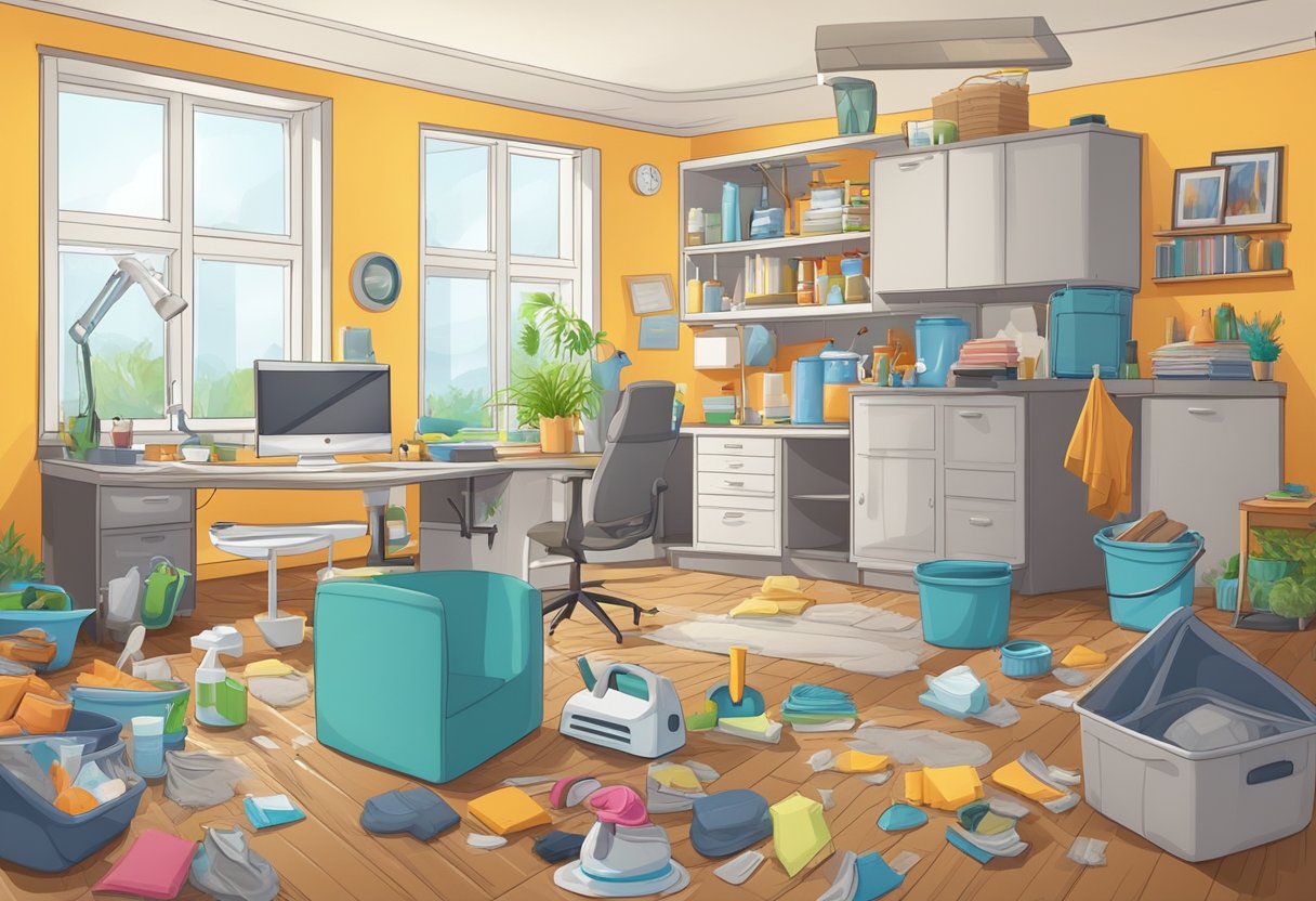 A cluttered room with dust and cobwebs for regular cleaning, and a spotless, organized space for deep cleaning