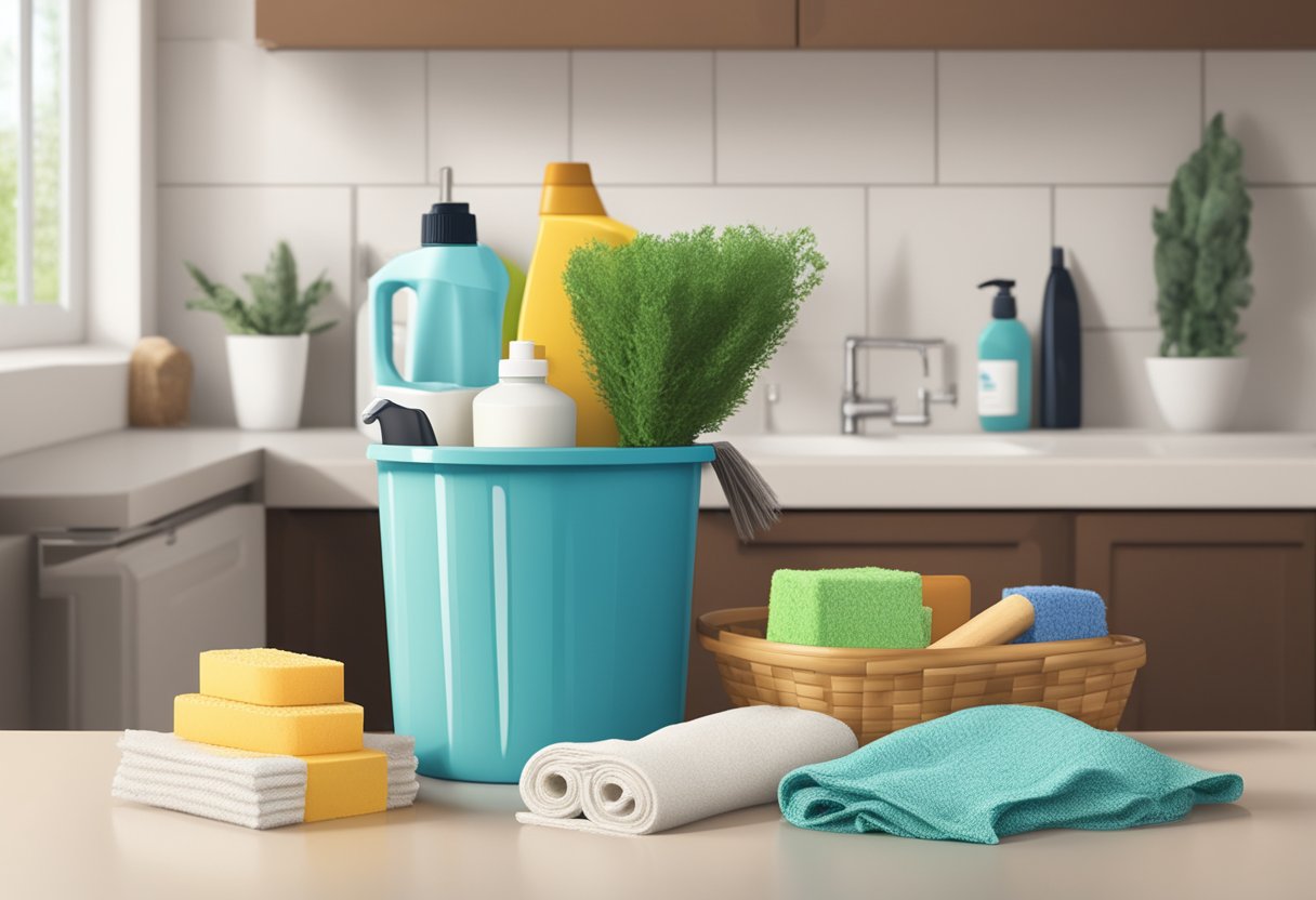 A cluttered kitchen counter with bottles of cleaning supplies next to a basket of natural alternatives. A mop and bucket sit nearby, highlighting the contrast between deep and regular cleaning