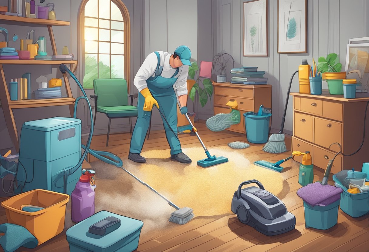 A cluttered room with dust and cobwebs in the corners. A professional cleaner using advanced equipment to deep clean