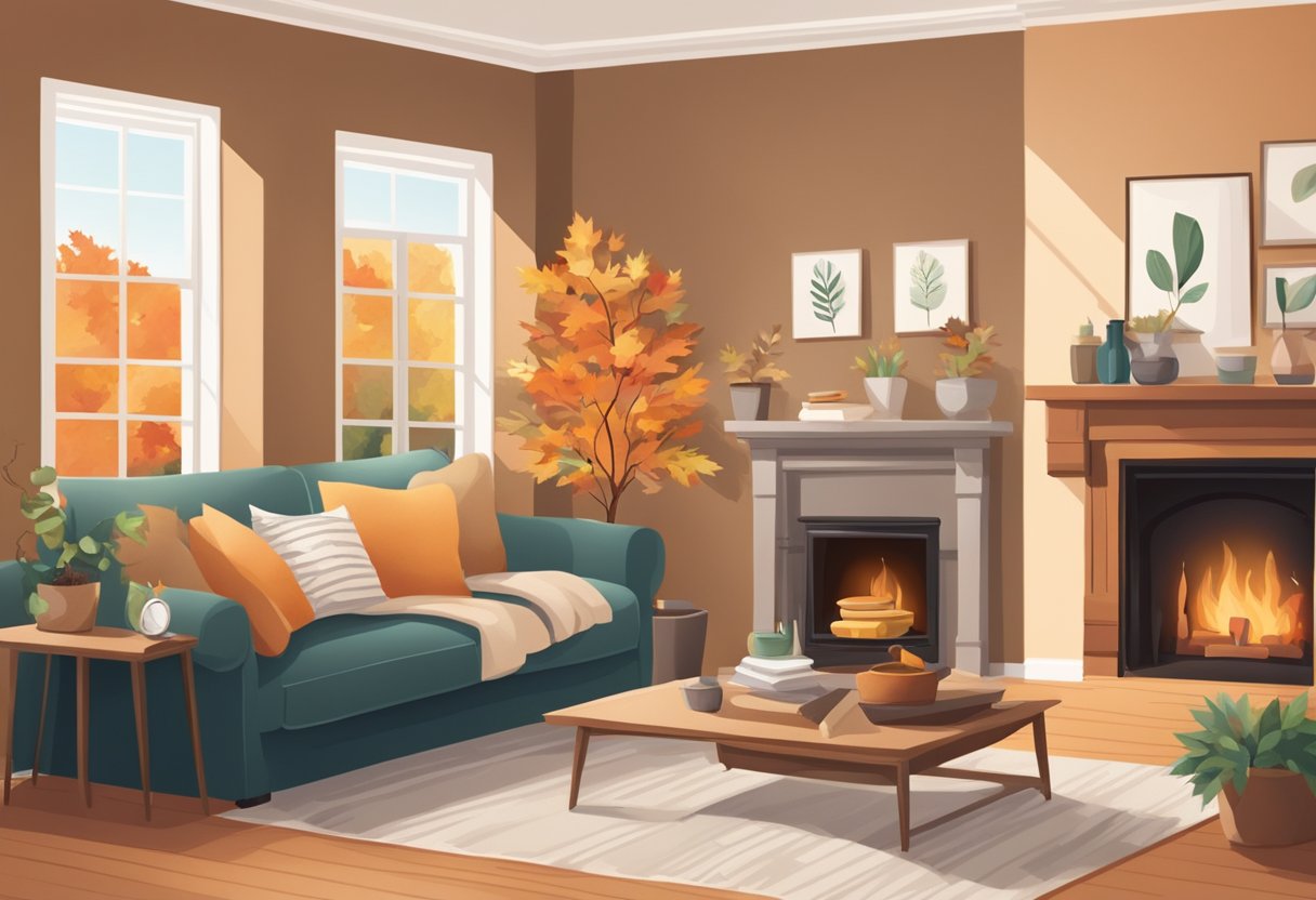 A cozy living room with a fireplace, surrounded by fall foliage and warm earthy tones. A clutter-free space with a mix of deep cleaning tools and regular cleaning supplies neatly organized