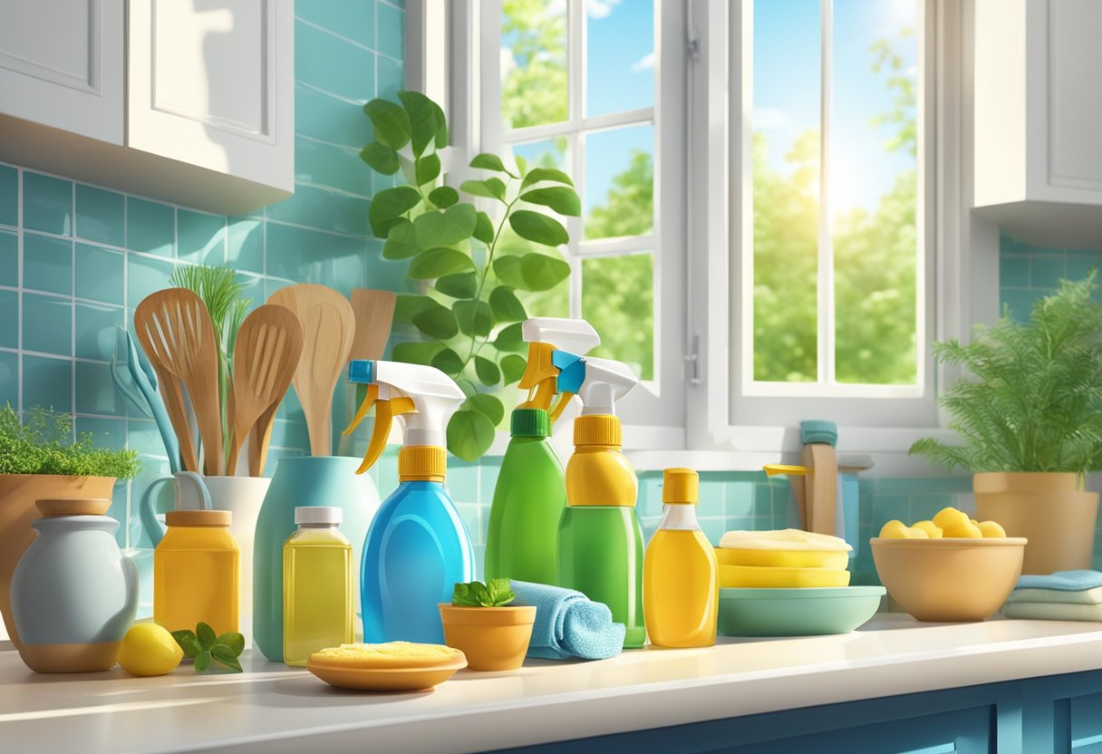 A sunny kitchen with a variety of eco-friendly cleaning products on the counter, surrounded by lush green plants and a clear blue sky visible through the window