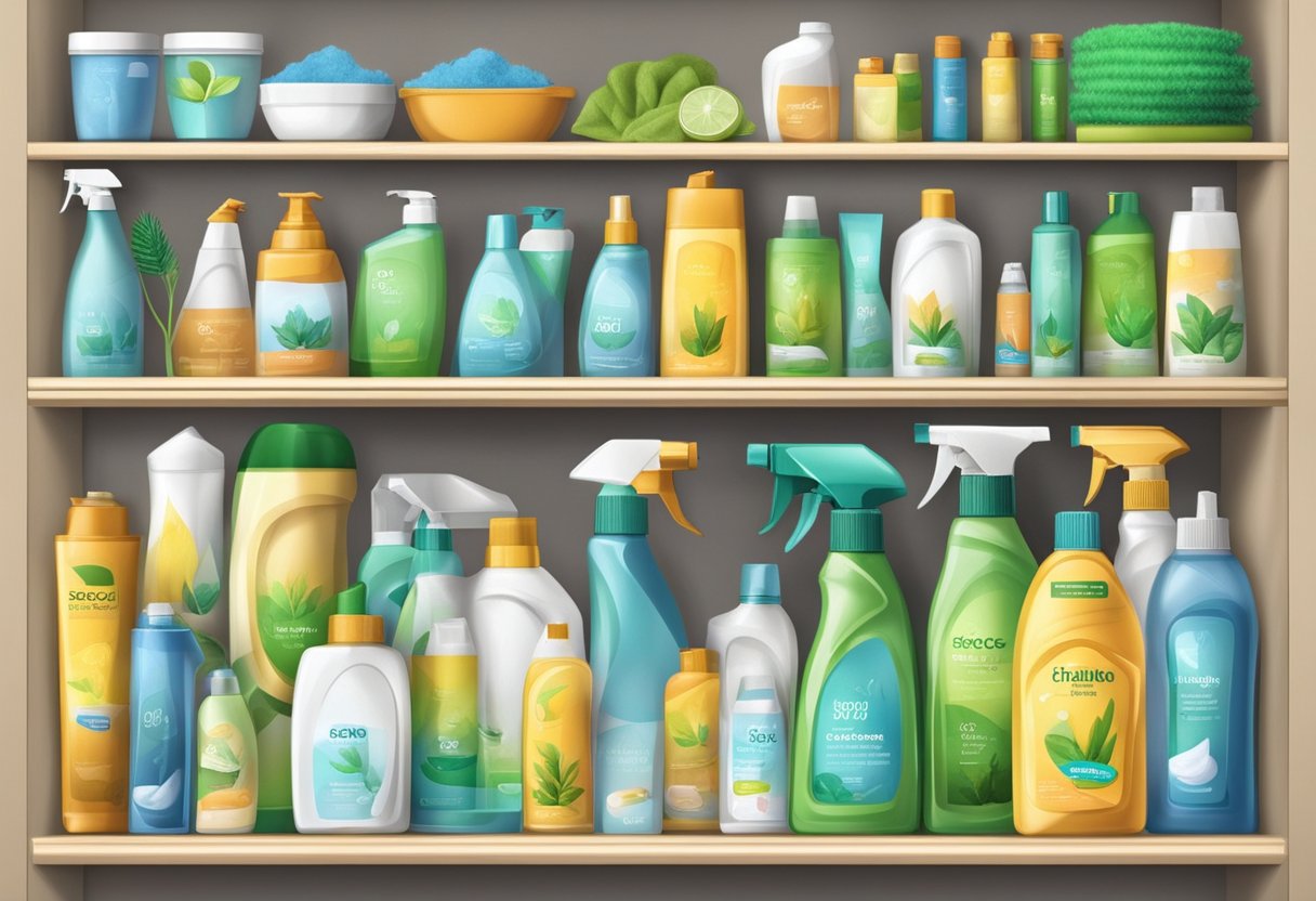 A cluttered shelf with traditional cleaning products on one side, and eco-friendly cleaning products on the other, with a clear emphasis on the eco-friendly products