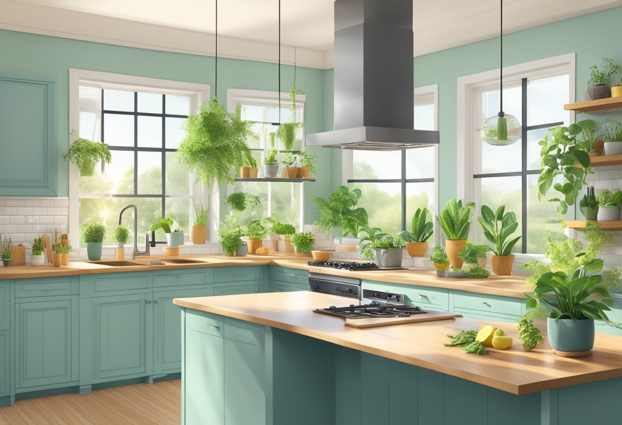 A sunny kitchen filled with plants and natural light, featuring eco-friendly cleaning products in reusable containers