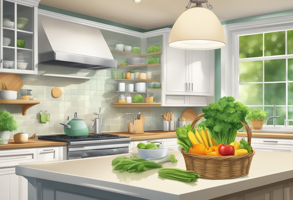 A sunny kitchen with a sparkling clean countertop and gleaming dishes, all cleaned with eco-friendly products. A basket of fresh produce sits nearby, emphasizing the natural and sustainable aspect of green cleaning solutions