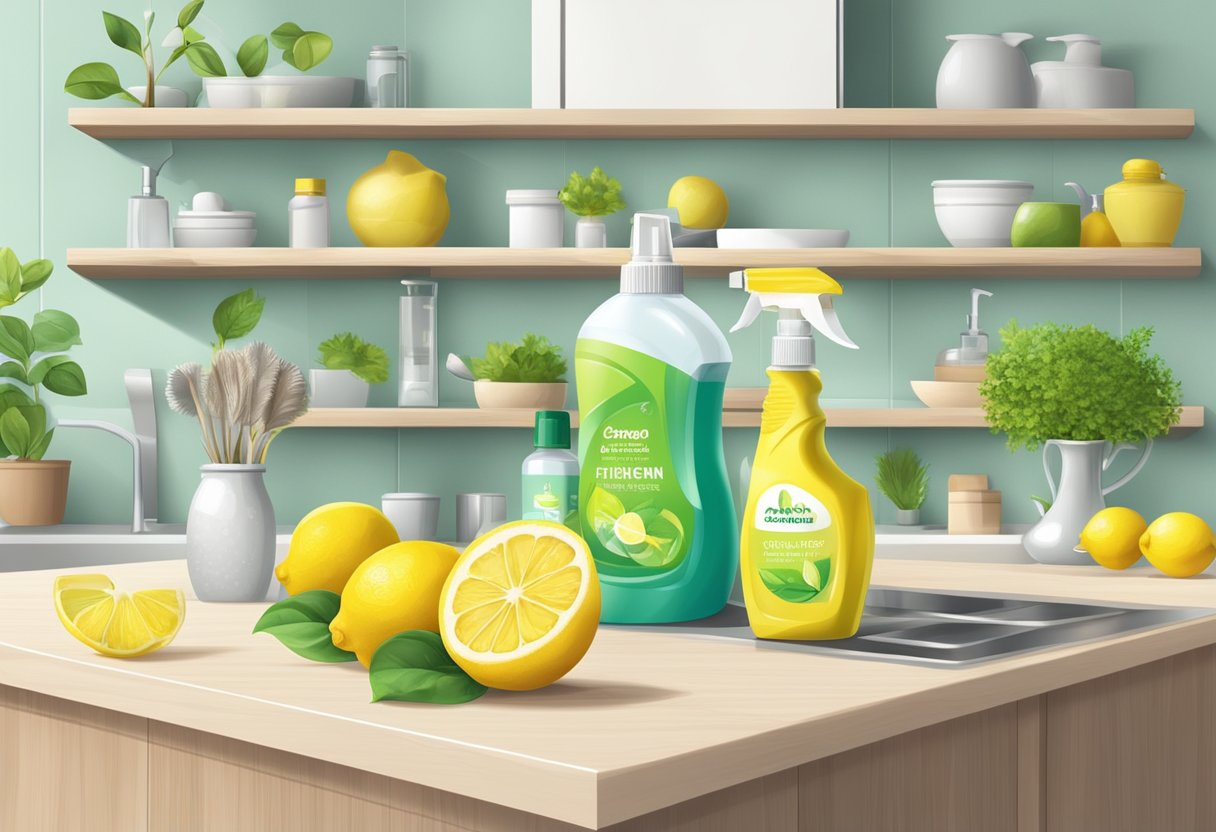 A sunny kitchen with shelves stocked with eco-friendly cleaning products, a spray bottle, and a bowl of lemons for natural cleaning solutions