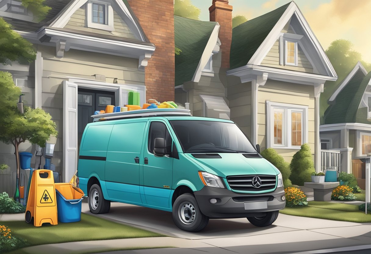 A cleaning service van parked in front of a house, with cleaning supplies and equipment being unloaded onto the driveway