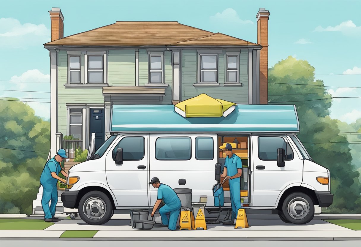 A cleaning service van parked outside a house, with a team of workers carrying equipment and supplies up the front steps