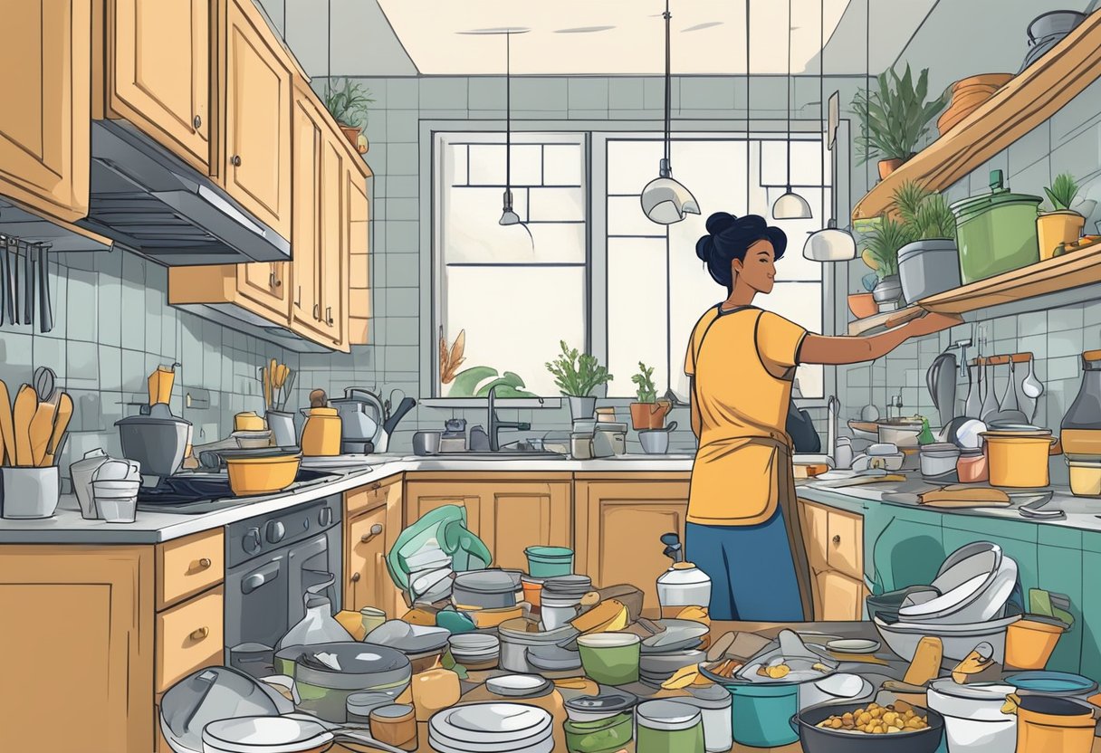 A cluttered kitchen with dirty dishes, spilled food, and grimy surfaces. A cleaning crew works efficiently to scrub, wipe, and organize the space