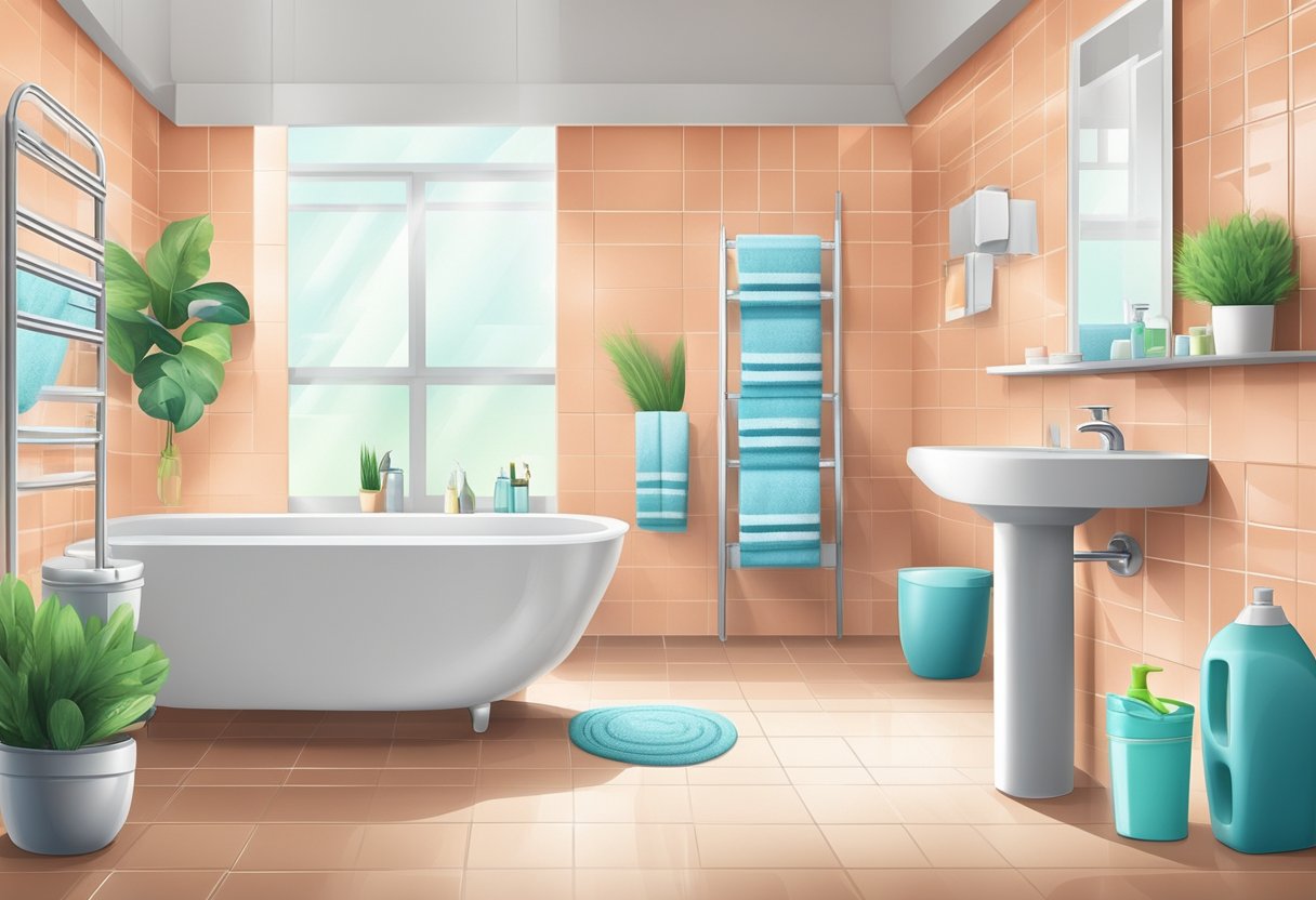 A cleaning service spruces up a bathroom, scrubbing tiles, polishing fixtures, and arranging fresh towels and toiletries