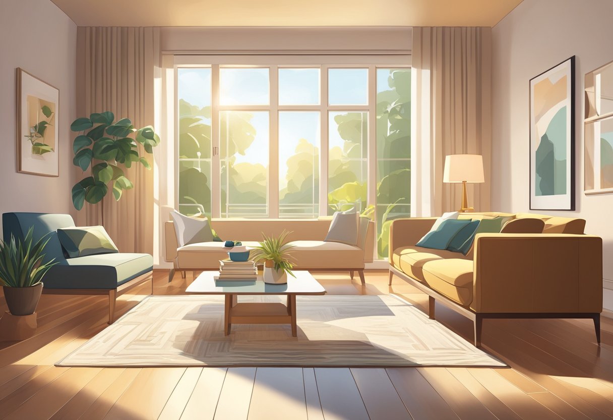 A spacious, bright living room with clean, organized furniture and freshly vacuumed floors. Sunlight streams in through open windows, casting a warm glow over the room