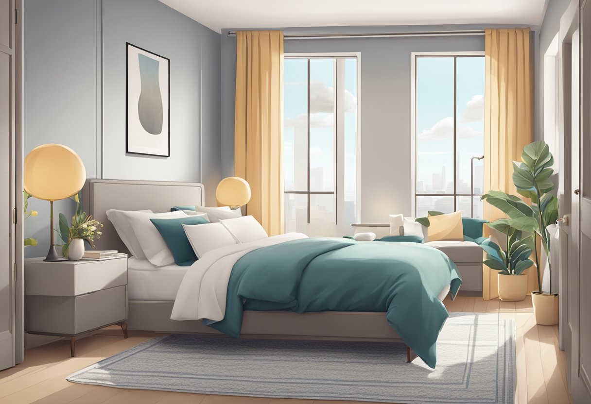 A serene bedroom with neatly made bed, fresh flowers on the nightstand, and a vacuumed carpet. In the common area, a clean and organized space with fluffed pillows and neatly arranged decor