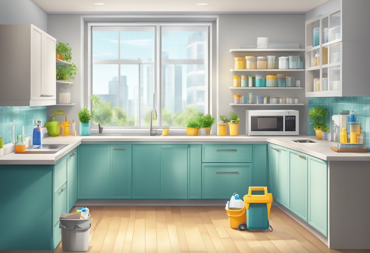 A bright and tidy apartment with clean floors, sparkling windows, and organized cabinets. Cleaning supplies and equipment are neatly arranged in the corner