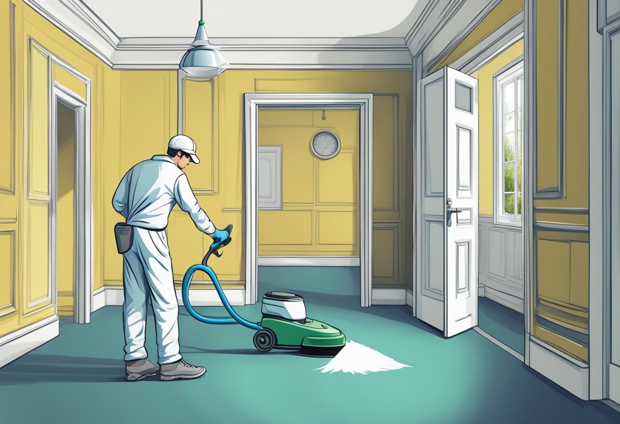 A professional cleaner meticulously tidying and scrubbing every corner of an empty house, leaving it spotless and fresh for the next occupant