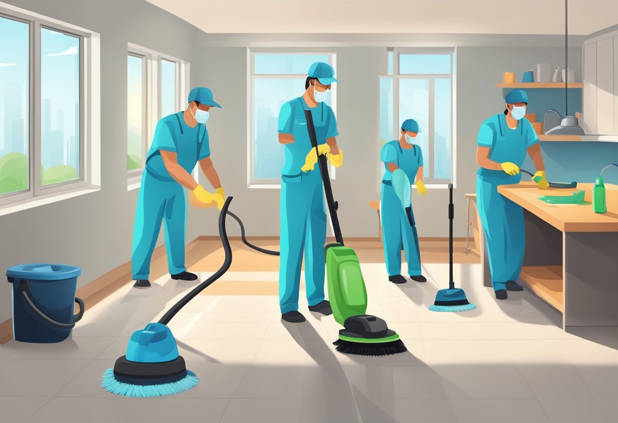 A cleaning service crew meticulously scrubs and polishes every surface in a spacious, empty apartment, leaving it spotless and ready for handover