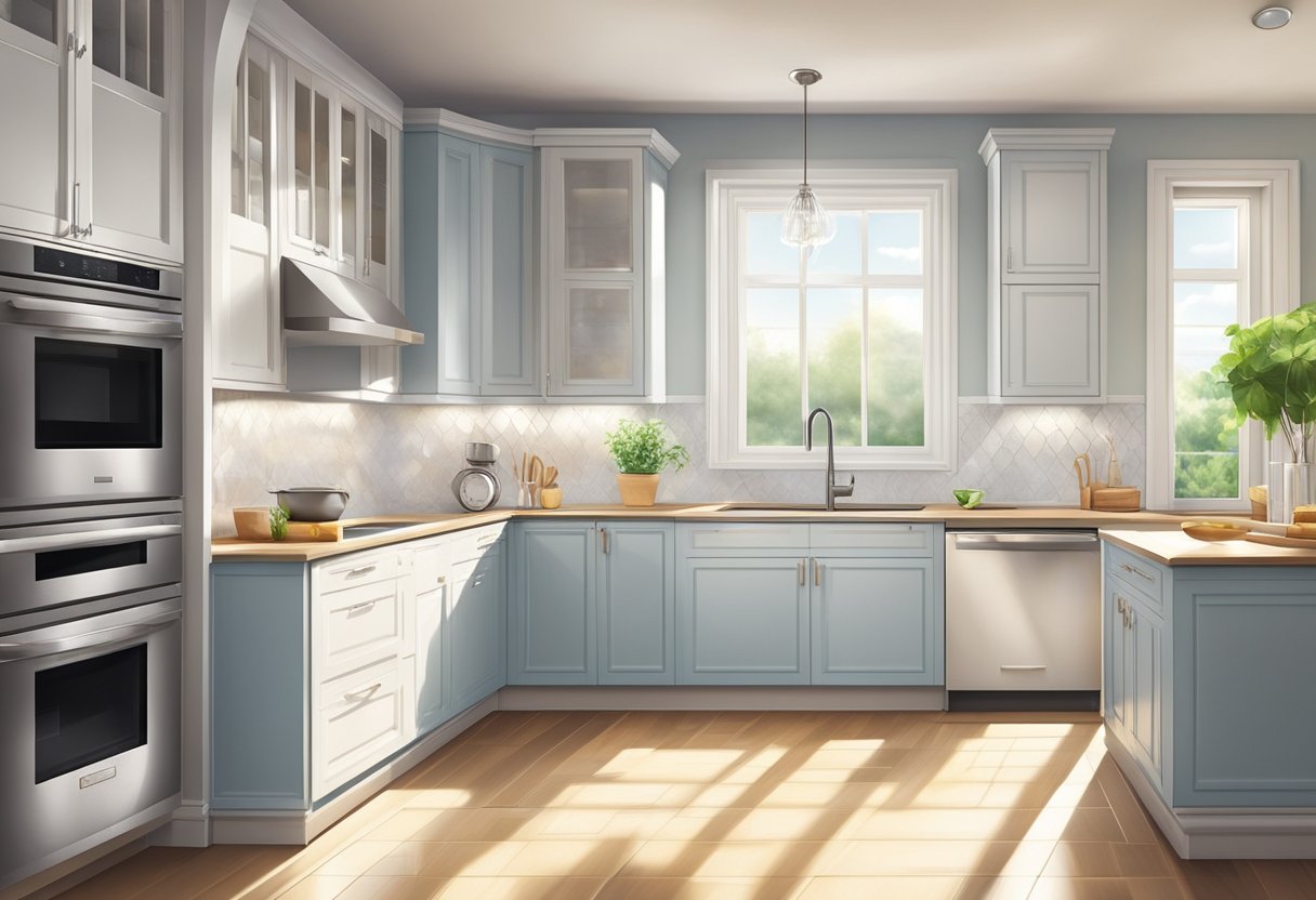 A sparkling clean kitchen with gleaming countertops, a spotless oven, and freshly mopped floors. The windows are crystal clear, letting in the sunlight