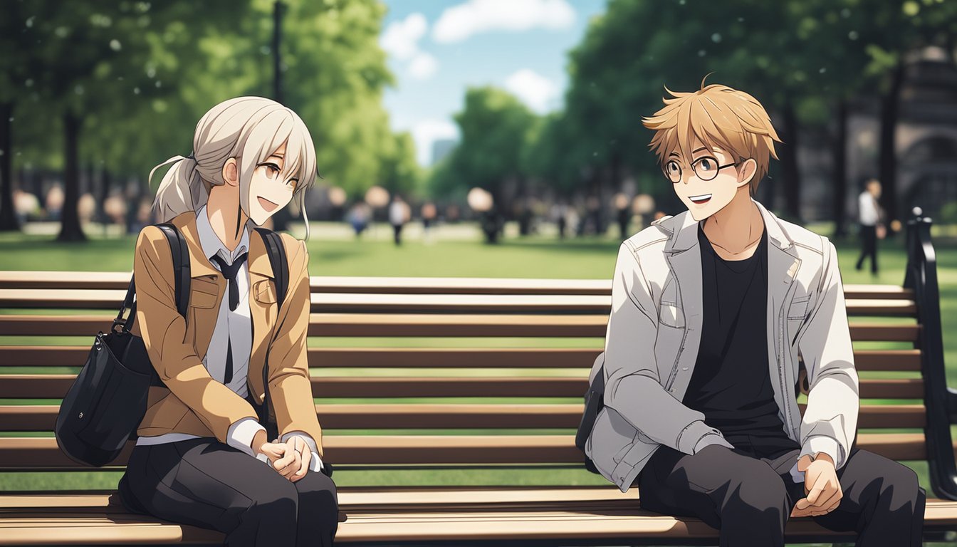 Two manga characters sharing a laugh while sitting on a park bench