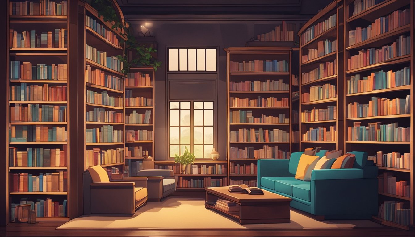 A cozy library with shelves filled with colorful manga books, soft lighting, and comfortable seating for readers