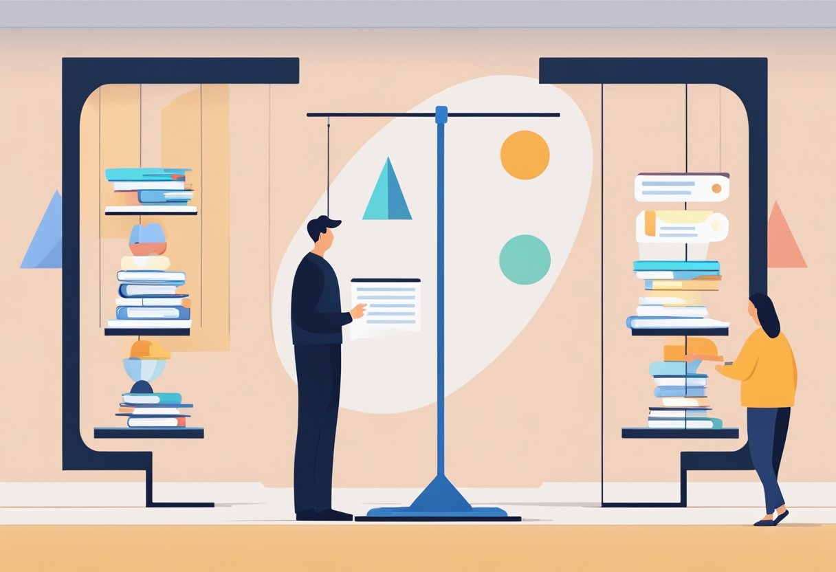 A scale with "Content Curation" on one side and "Content Creation" on the other, balanced in the middle. A person stands nearby, contemplating