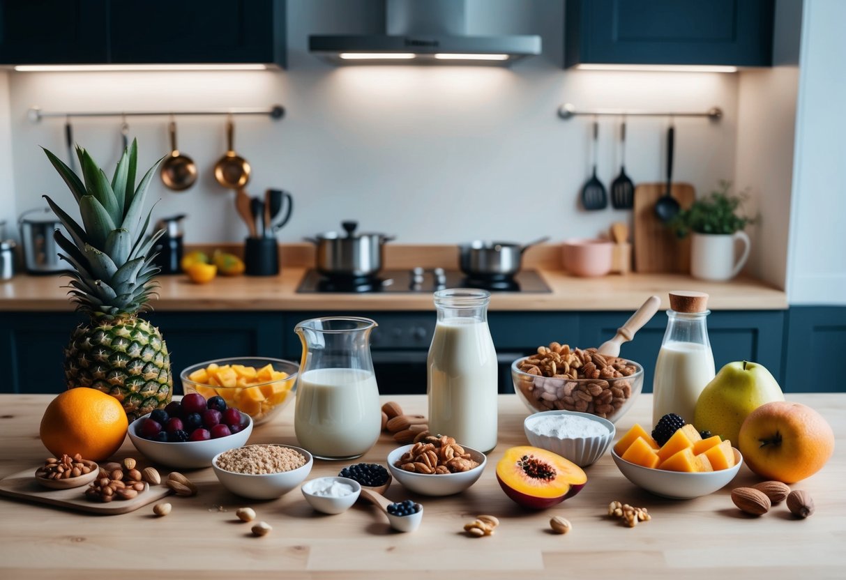 Moderni virtuvė, pilna įvairių veganiškų desertų ingredientų ir įrankių, įskaitant šviežius vaisius, riešutus, augalinį pieną ir įvairius saldiklius.