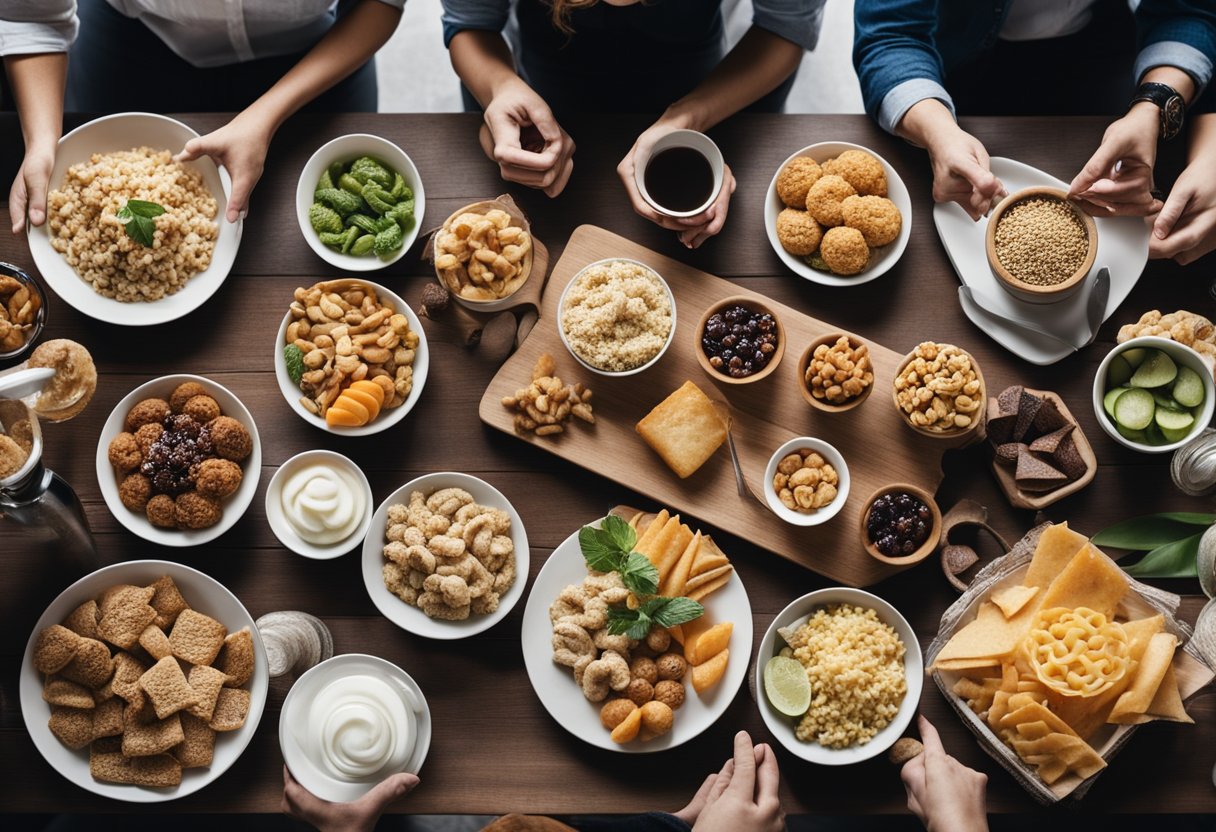 Stalas, pilnas įvairių užkandžių ir ingredientų, apsuptas žmonių, kurie bendrauja ir mėgaujasi maistu