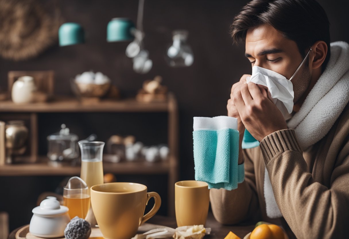 Asmuo laiko servetėlę prie nosies, apsuptas įvairių peršalimo prevencijos priemonių, tokių kaip vitaminai, drėkintuvas ir karšta arbata.