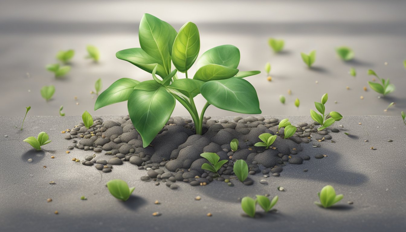 A plant sprouting from a cracked concrete sidewalk, surrounded by scattered seeds and a watering can