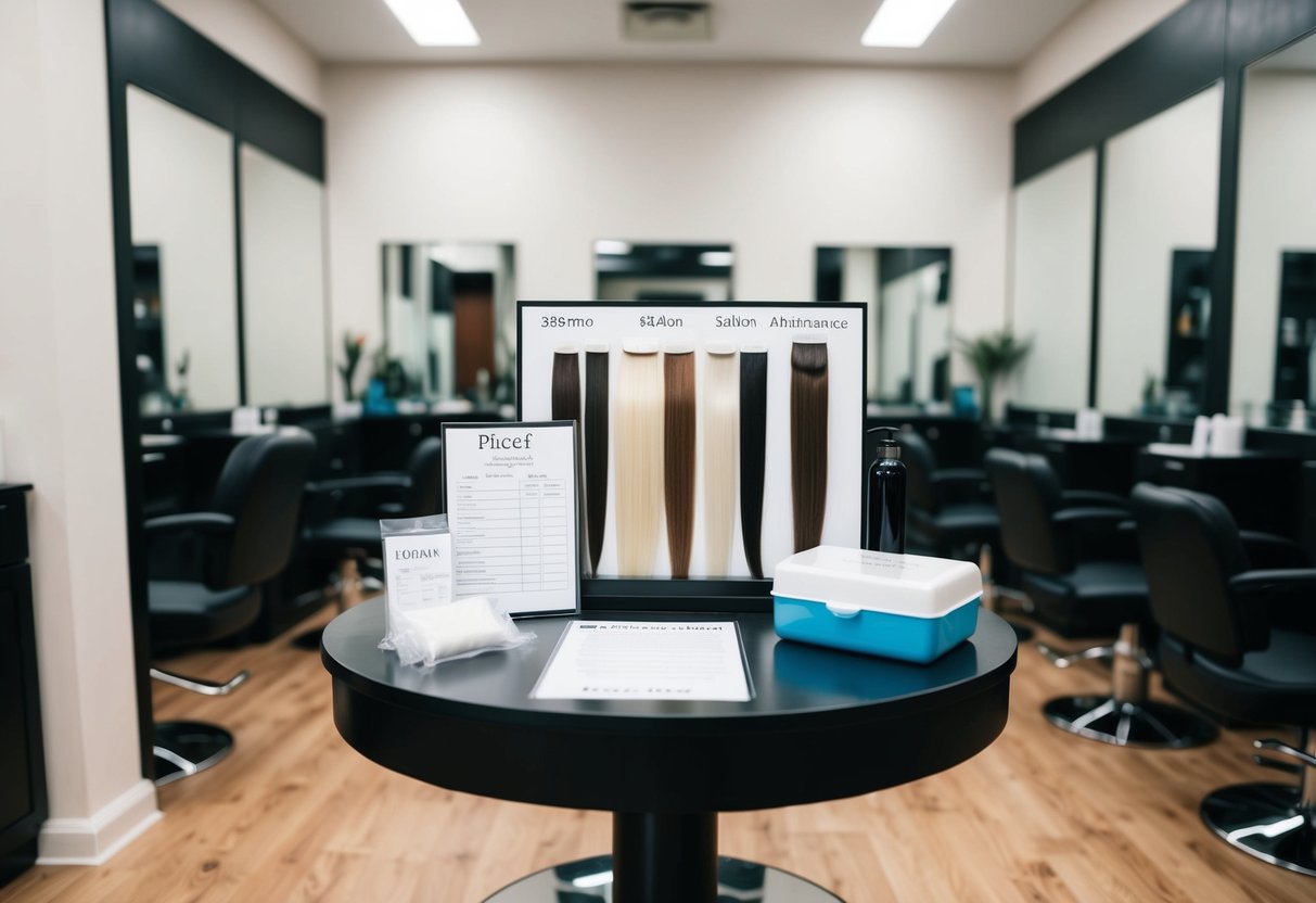 Une table de salon avec des extensions de cheveux adhésives, une liste de prix et un kit d'entretien exposés