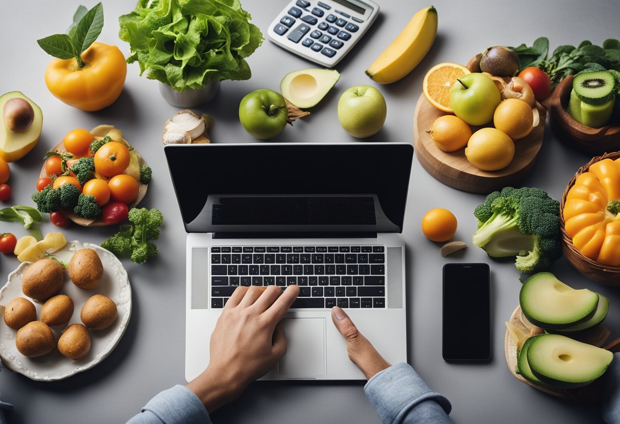 Asmuo, apsuptas įvairių sveikų maisto produktų, užrašų knygelės ir kalkuliatoriaus, kuriantis asmeninį mitybos planą