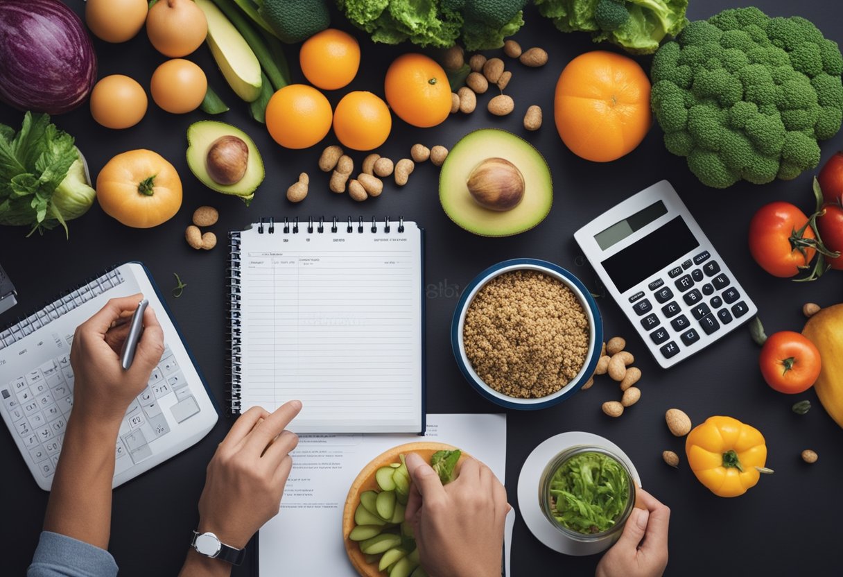 Asmuo, apsuptas įvairių sveikų maisto produktų, kalkuliatoriaus ir užrašų knygelės, planuoja ir skaičiuoja savo asmeninį mitybos planą.